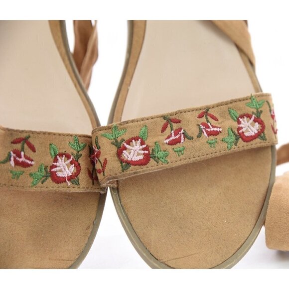 Forever 21 Sz 8.5 Floral Embroidered Faux Suede Leather Wrap Tie Lace Up Sandals - Picture 11 of 12